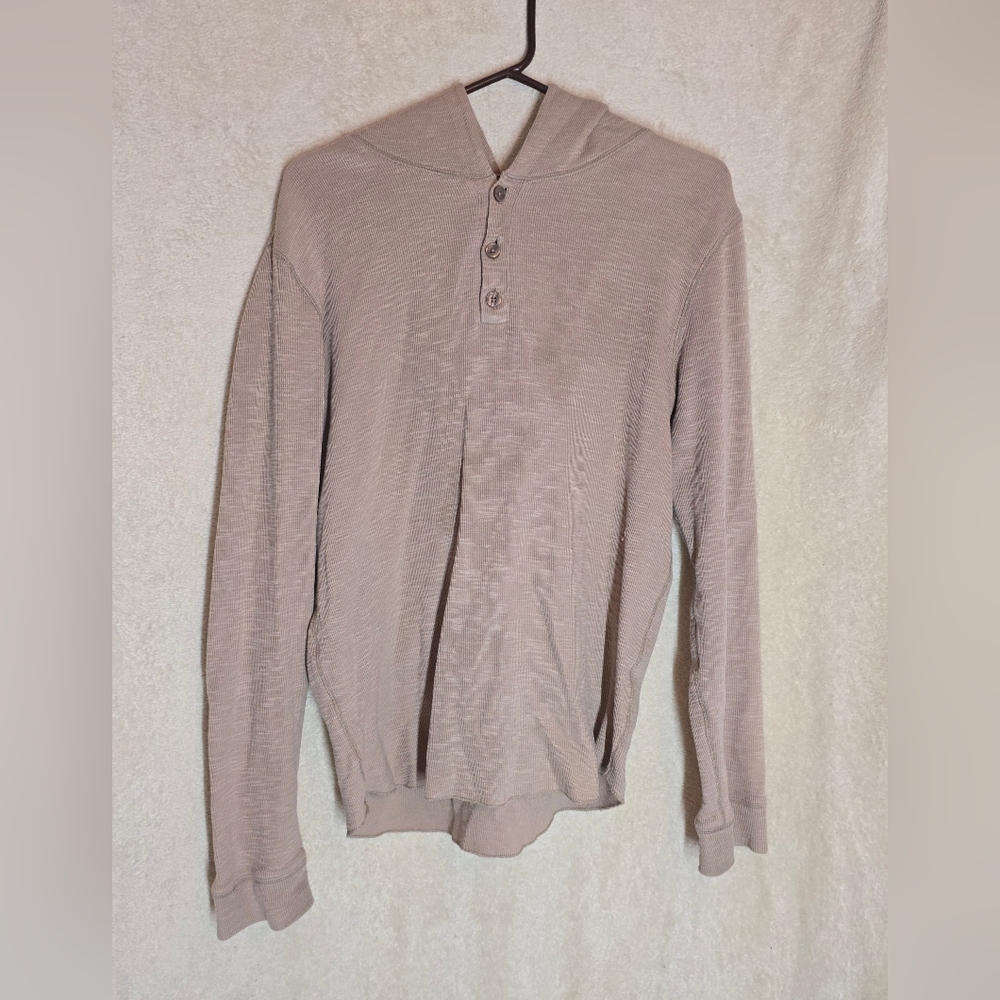 Forever 21 Men Beige Light Brown Longsleeve Hooded 1/4 Button Sweatshirt Size Me